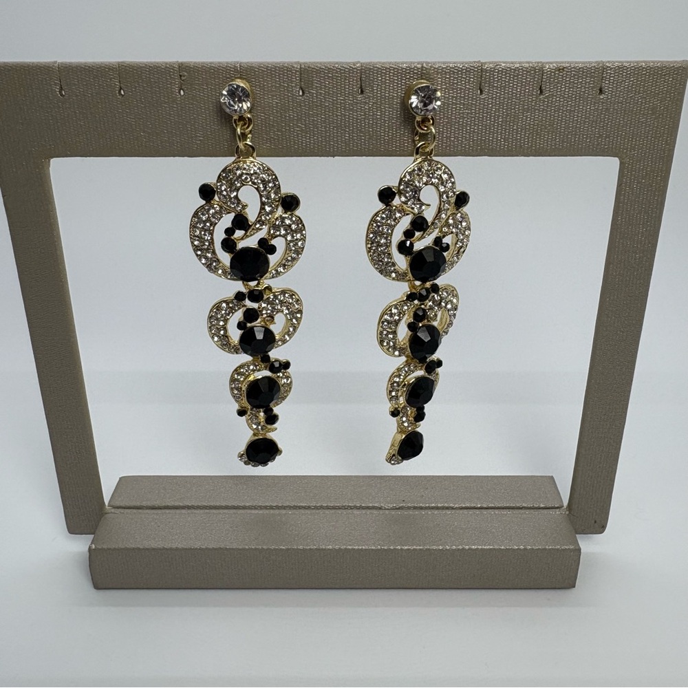 Long Black And Clear Crystal Rhinestone Dangle Gold Tone Earrings